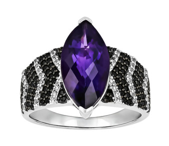 amethyst black spinel and zircon ring in rhodium over sterling silver