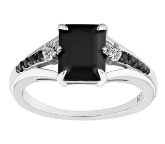 black spinel and white zircon ring in rhodium over sterling silver