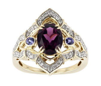 rhodolite garnet tanzanite and diamond ring in 14k yellow gold front