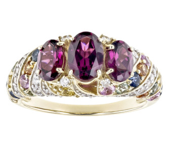 rhodolite garnet multi sapphire and diamond trilogy ring in 14k yellow gold front