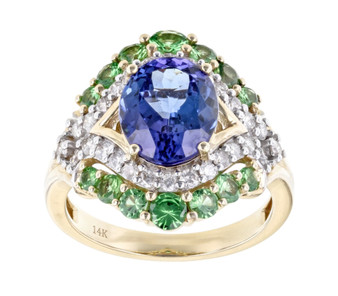 tanzanite tsavorite garnet and diamond ring in 14k yellow gold