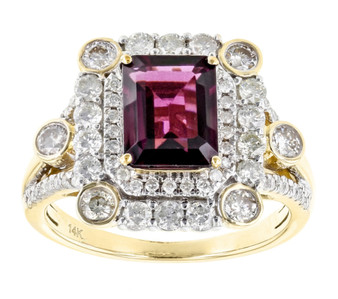 front view of rhodolite garnet and diamond halo ring in 14k yellow gold