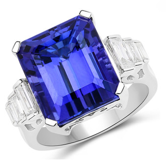 emerald cut tanzanite and diamond ring in solid 18k white gold