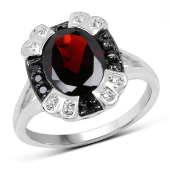 black garnet black spinel and white topaz halo ring in rhodium over sterling silver