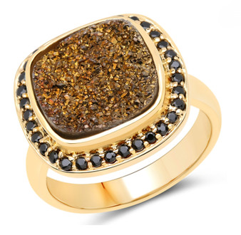 druzy quartz and black spinel halo ring in 14k yellow gold over sterling silver