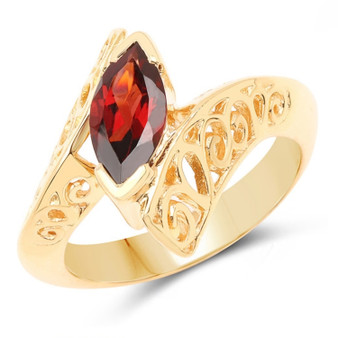 garnet marquise bypass solitaire scroll work ring in 14k yellow gold over sterling silver