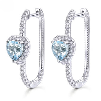 heart sky blue topaz and white zircon halo hoop earrings in rhodium over sterling silver