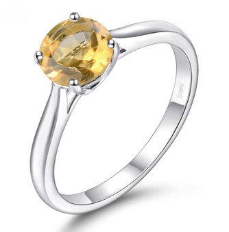round citrine solitaire ring in rhodium over sterling silver