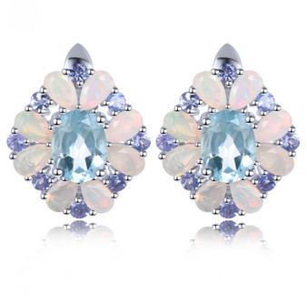 sky blue topaz opal and tanzanite earrings in rhodium over sterling silver