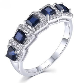 blue sapphire and white zircon halo band ring in rhodium over sterling silver
