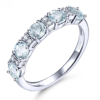 aquamarine and white zircon band ring in rhodium over sterling silver