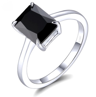 emerald cut black spinel solitaire ring in rhodium over sterling silver