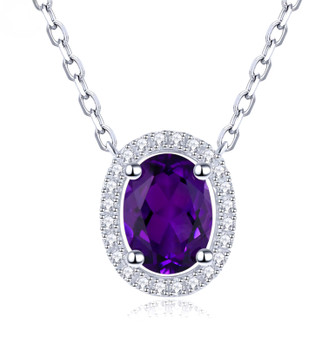 amethyst and white zircon halo necklace in rhodium over sterling silver