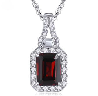 garnet and white zircon pendant necklace in rhodium over sterling silver