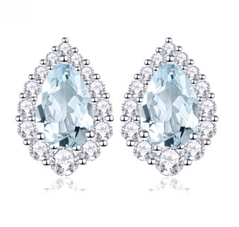 aquamarine and white zircon halo stud earrings in rhodium over sterling silver