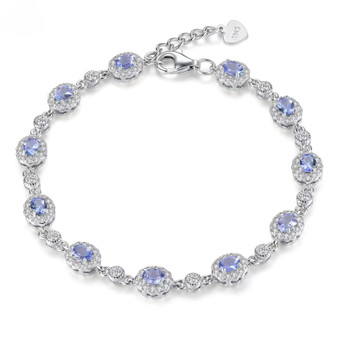 tanzanite and white zircon halo adjustable bracelet in rhodium over sterling silver