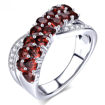 garnet and white zircon crossover band ring in rhodium over sterling silver