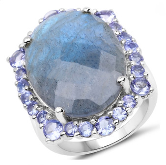 labradorite and tanzanite halo ring in rhodium over sterling silver