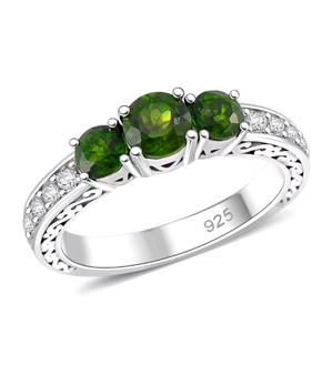 chrome diopside and white zircon trilogy ring in rhodium over sterling silver