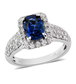 ceylon blue sapphire and diamond halo wedding ring in 14k white gold