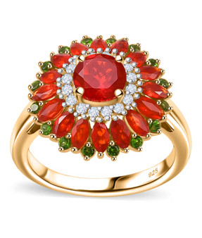 fire opal chrome diopside and moissanite halo cluster ring in rhodium over sterling silver
