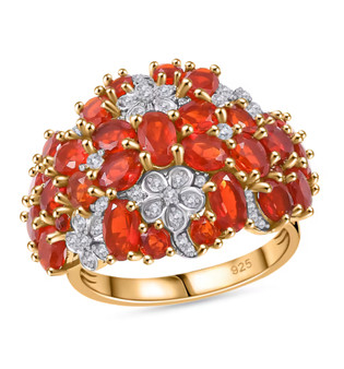 fire opal and moissanite cluster flower ring in 18k yellow gold over sterling silver