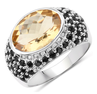 front view of citrine and black spinel ring in rhodium over sterling silver