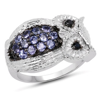 tanzanite and black spinel owl ring in rhodium over sterling silver