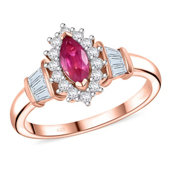 pink sapphire and white zircon marquise halo ring in 18k rose gold over sterling silver