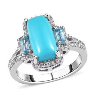 turquoise blue topaz and zircon ring in rhodium over sterling silver
