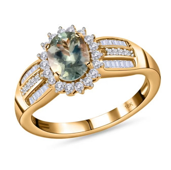 alexandrite and white diamond halo ring in solid 18k yellow gold