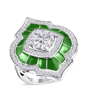 moissanite and green enamel ring in rhodium over sterling silver
