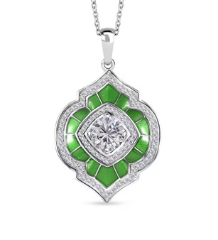 moissanite and green enamel pendant necklace in rhodium over sterling silver