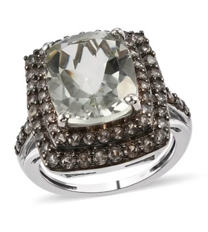 prasiolite and brown zircon halo ring in rhodium over sterling silver