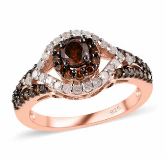 red and white diamond ring in 18k rose gold over sterling silver
