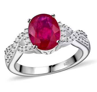 ruby (ff) and white zircon ring in rhodium over sterling silver