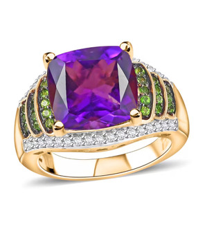 front view of amethyst chrome diopside and moissanite ring in 18k yellow gold over sterling silver