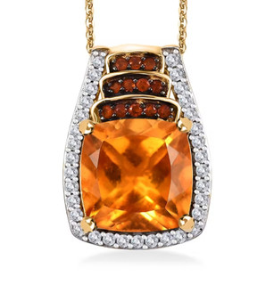 front view of citrine fire opal and moissanite pendant necklace in 18k yellow gold over sterling silver