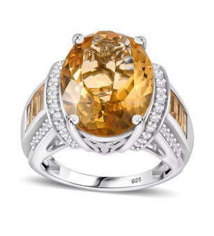 citrine and white zircon rhodium over sterling silver ring front