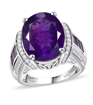 front view of amethyst and white zircon ring in rhodium over sterling silver