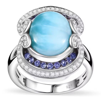 larimar tanzanite and moissanite ring in rhodium over sterling silver