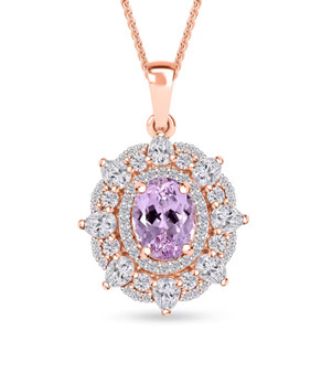 kunzite and moissanite pendant necklace in 18k rose gold over sterling silver