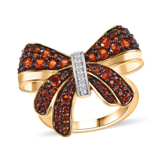 garnet and white zircon bow ring in 18k yellow gold over sterling silver