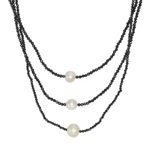 freshwater pearl and black spinel triple row necklace in rhodium over sterling silver