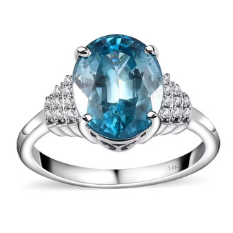 front view of cambodian blue zircon and diamond ring in solid 14k white gold