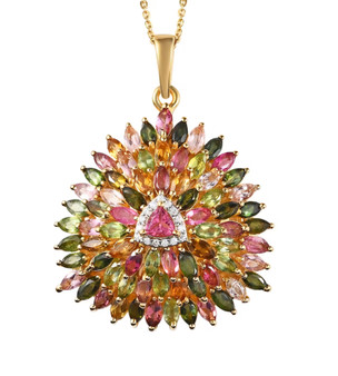 multi color tourmaline and moissanite pendant necklace in rhodium over sterling silver
