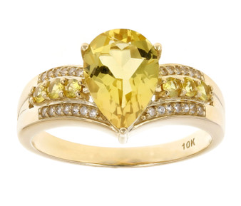 front view of heliodor yellow sapphire and white zircon ring in 10k yellow gold