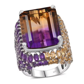 Ametrine, amethyst, and citrine cocktail rhodium over sterling silver ring