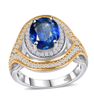 kyanite and white zircon ring in 18k yellow gold and rhodium over sterling silver