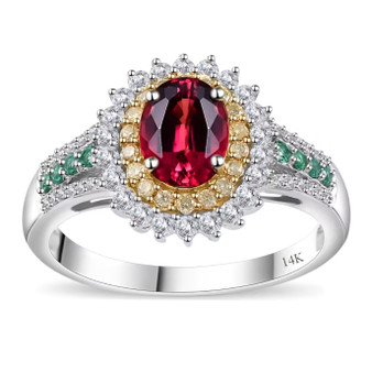 rubellite tourmaline emerald yellow and white diamond halo ring in solid 14k white gold